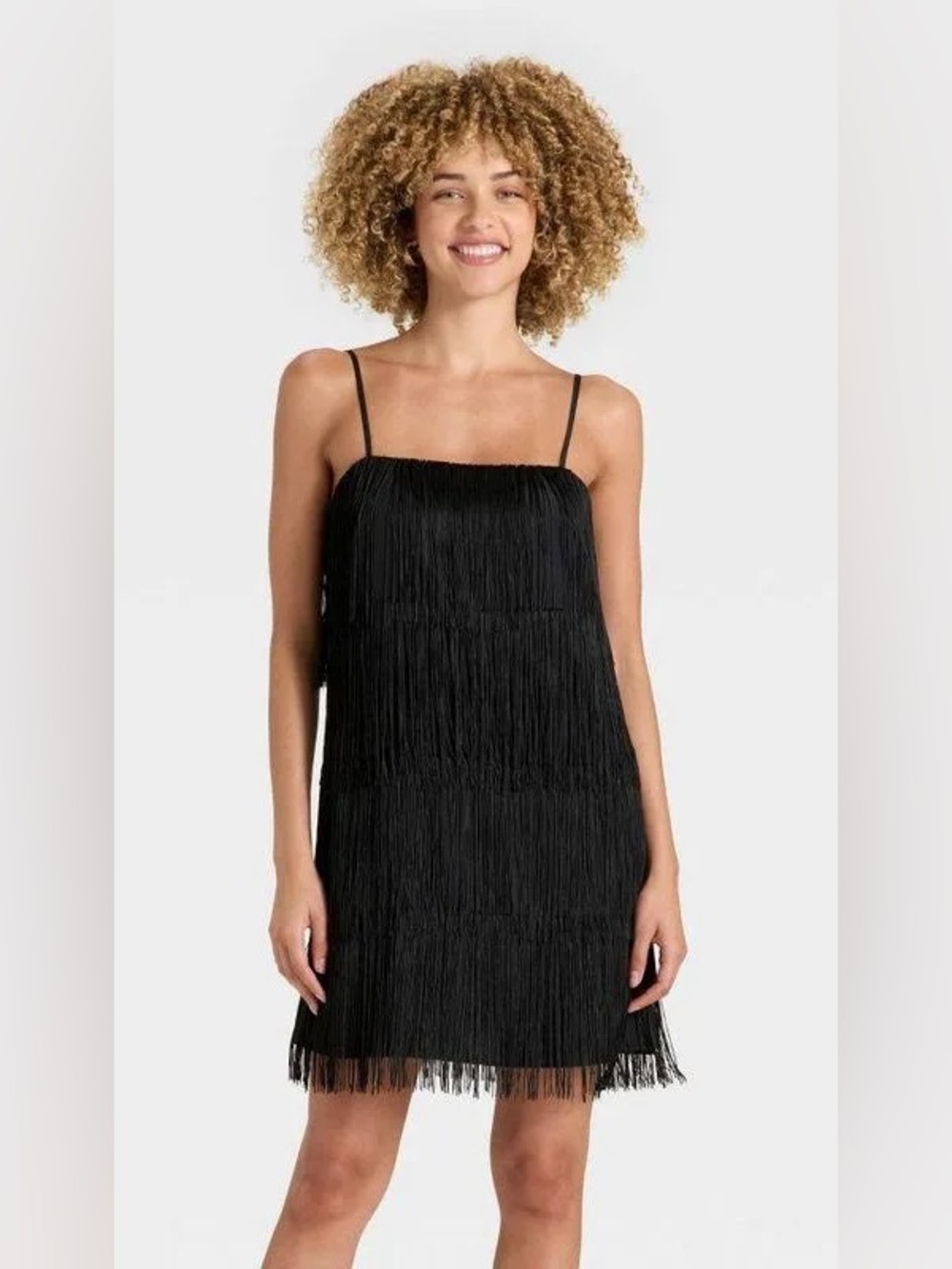 A new day Black Fringe Slip Dress with Spaghetti Straps